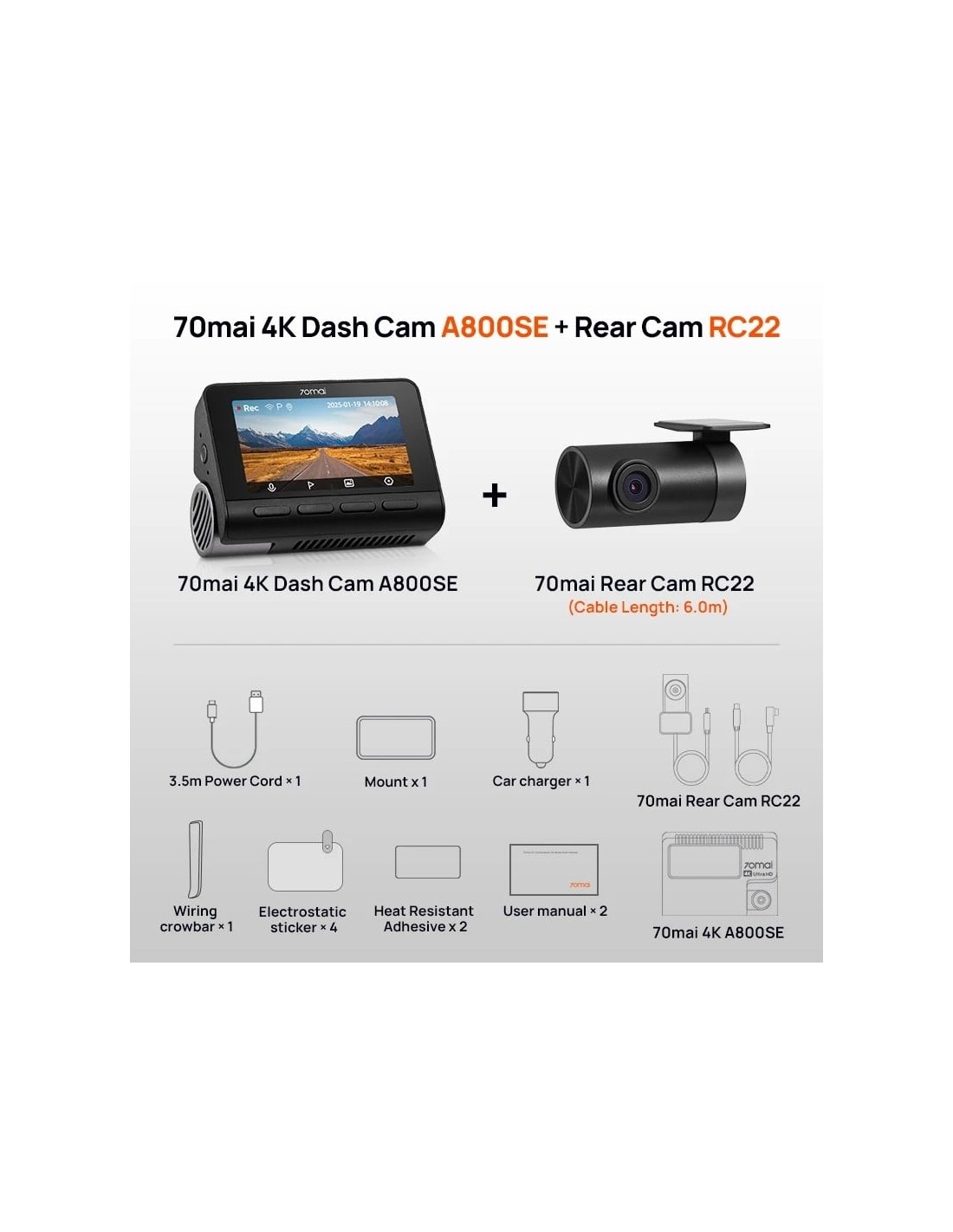 70mai 4K A800SE HDR supercondensador Dashcam + Camara Trasera 70mai RC