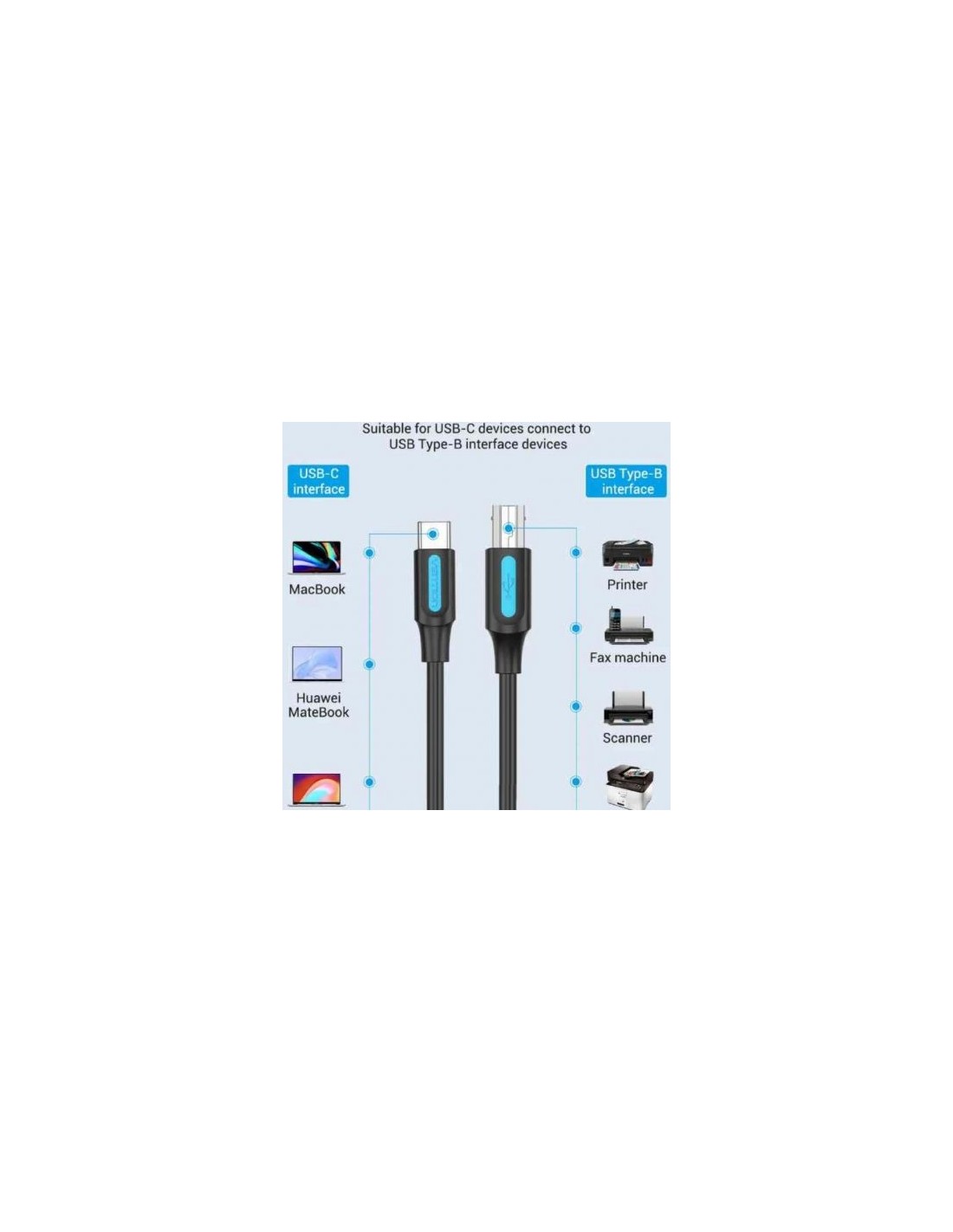 Cable USB 2.0 Impresora Vention USB Tipo-B Macho - USB Tipo-C Macho 48