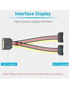 Cable Alimentación Vention SATA Macho - 2x SATA Hembra 15cm Negro 2