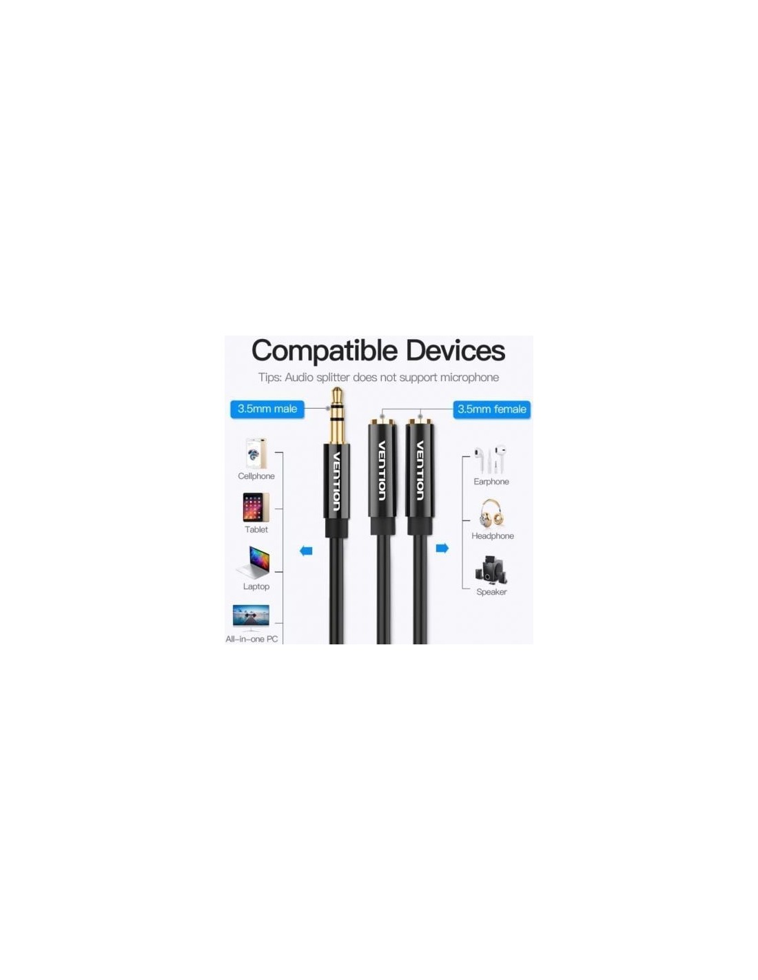 Cable Estéreo Vention Jack 3.5 Macho - 2x Jack 3.5 Hembra 30cm Negro