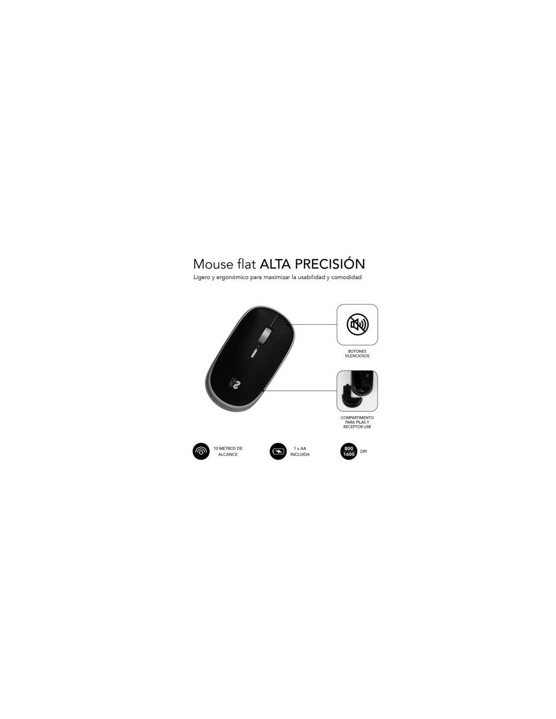 Ratón Mini Inalámbrico Subblim Wireless Mini, Hasta 1600 DPI, Gris Esp