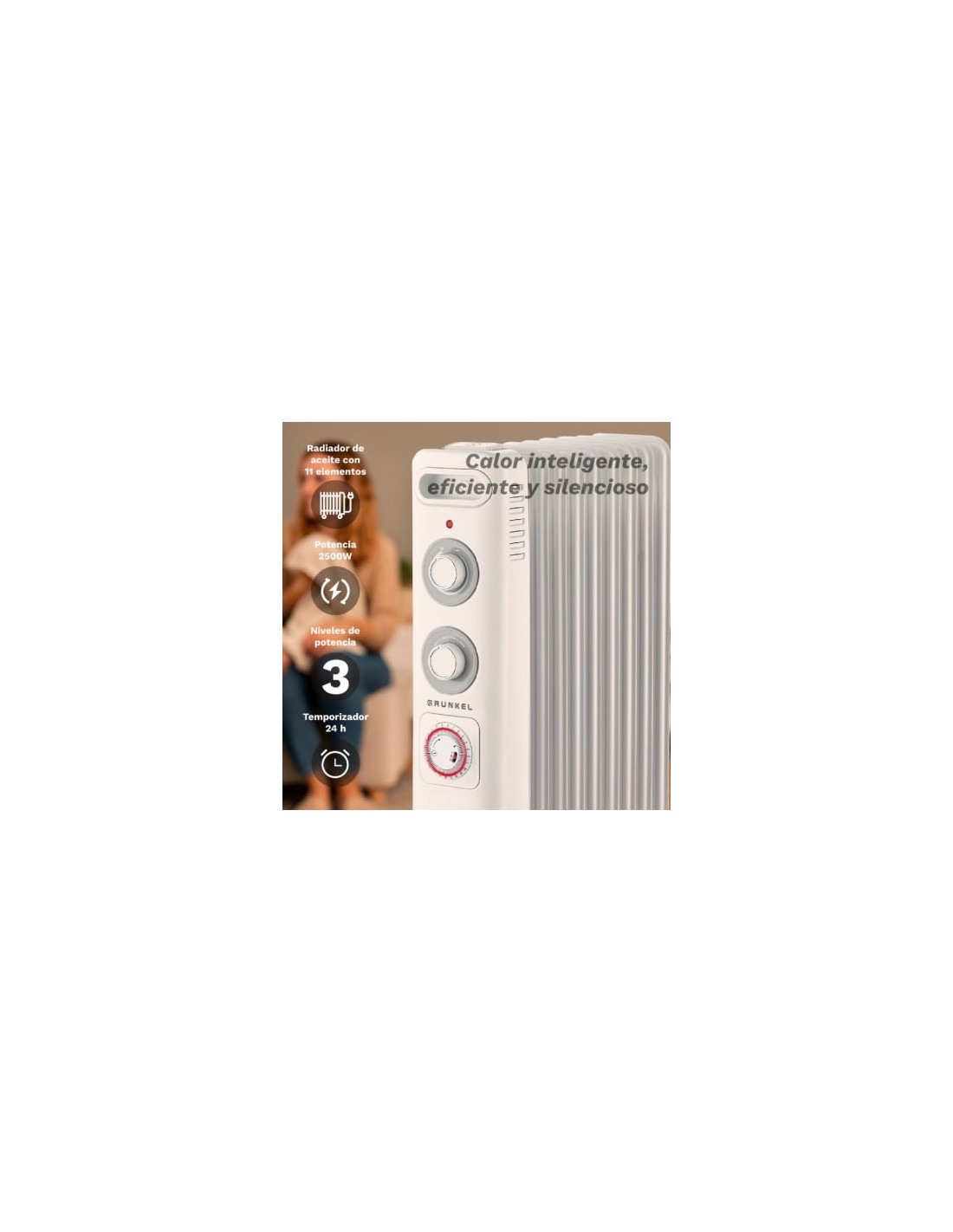 Radiador de aceite Grunkel RD-2500S, 3 potencias, 2500W, 11 elementos 