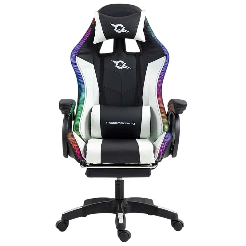 Silla gaming PowerGaming LED RGB con Altavoz Bluetooth, Masaje y Reposapiés Negro+Blanco 120kg