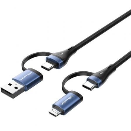 Cable USB 2.0 Tipo-C Vention USB Tipo-C Macho - USB Macho MicroUSB Macho - USB Tipo-C Macho Hasta 100W 480Mbps 1m Negro y Azul