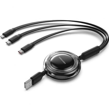 Cable USB Retráctil Vention USB Macho - Lightning 2xUSB Tipo-C Hasta 17.5W 10Gbps 1.1m Negro