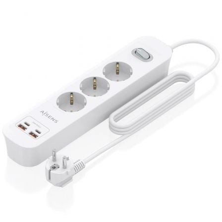 Regleta con Interruptor Aisens 3 Tomas de Corriente 2 USB - 2 USB Tipo-C Cable 1.4m
