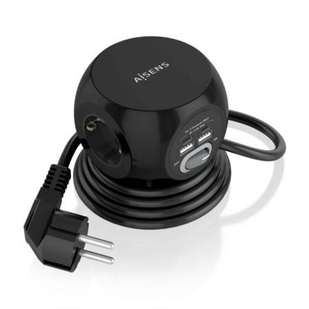 Regleta con Interruptor Aisens 3 Tomas de Corriente 2 USB Tipo-C 2 USB Cable 1.4m Negro