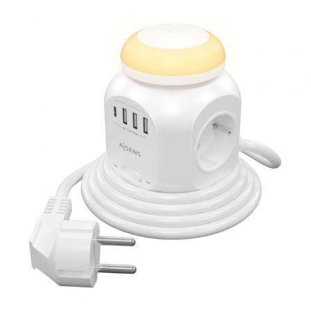 Regleta con Interruptor y Luz Nocturna Aisens 4 Tomas de Corriente 1 USB Tipo-C 3 USB Cable 1.8m Blanco